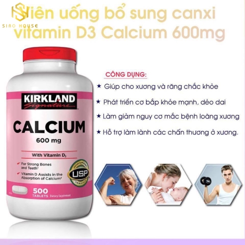 Viên uống bổ sung canxi & vitamin D3 KIRKLAND Calcium 600mg With Vitamin D3 (500 viên)
