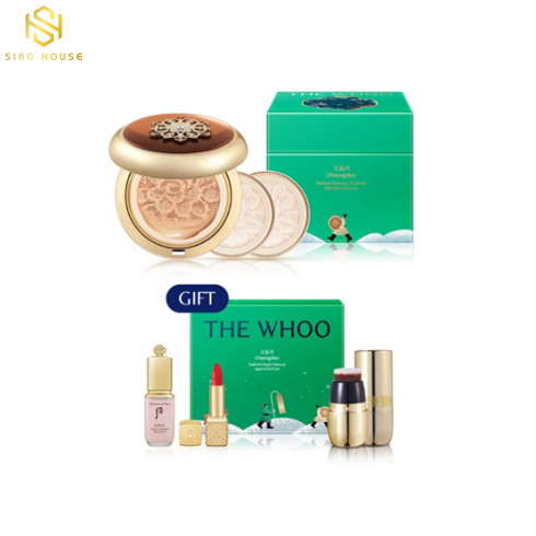 Set phấn nước tái sinh THE WHOO Radiant Essence Cushion SPF50+PA+++ No.21 + Highlight + Cọ + Son No.24 Red Orange