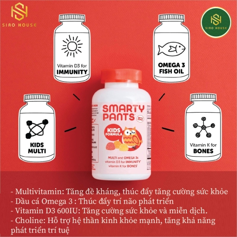 Kẹo dẻo bổ sung đa vitamin trẻ em SMARTY PANTS Kids Formula Multivitamins Omega-3 Fish Oil Vitamin D3 and Choline 180v