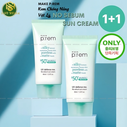 [No box] Kem chống nắng MAKE P:REM Uv Defense Me No Sebum Sun Cream SPF 50+ PA++++ 40mL (Xanh lá)