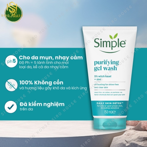  Sữa rửa mặt kiềm dầu, ngừa mụn SIMPLE  Purifying Gel Wash 150mL 