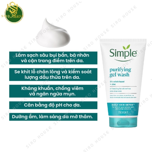  Sữa rửa mặt kiềm dầu, ngừa mụn SIMPLE  Purifying Gel Wash 150mL 