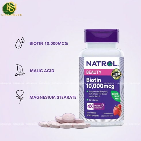 Viên ngậm mọc tóc NATROL Beauty Biotin 10,000 mcg 4X Faster Dissolve 250 viên