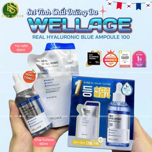 Set tinh chất cấp nước dưỡng ẩm WELLAGE Real Hyaluronic Blue Ampoule 60mL + Túi Refill 60mL