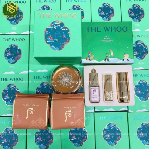 Set phấn nước tái sinh THE WHOO Radiant Essence Cushion SPF50+PA+++ No.21 + Highlight + Cọ + Son No.24 Red Orange