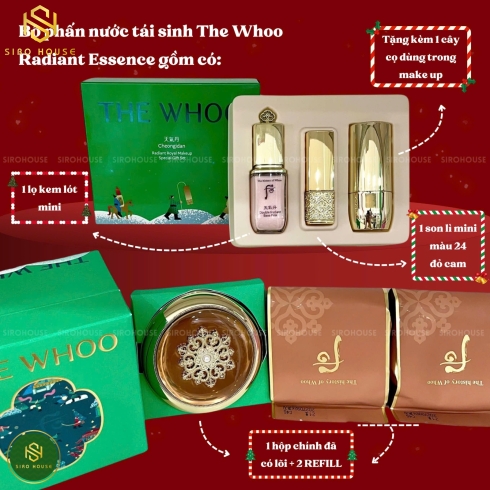 Set phấn nước tái sinh THE WHOO Radiant Essence Cushion SPF50+PA+++ No.21 + Highlight + Cọ + Son No.24 Red Orange