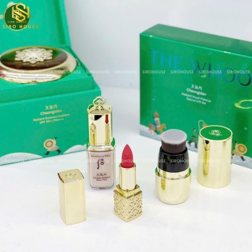 Set phấn nước tái sinh THE WHOO Radiant Essence Cushion SPF50+PA+++ No.21 + Highlight + Cọ + Son No.24 Red Orange