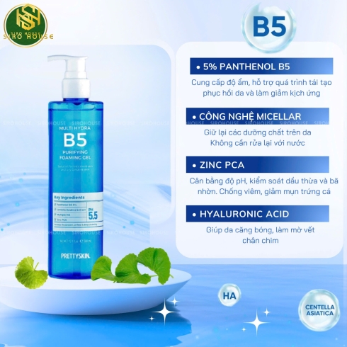Gel rửa mặt PRETTYSKIN B5 Multy Hydra PH5.5 300mL 