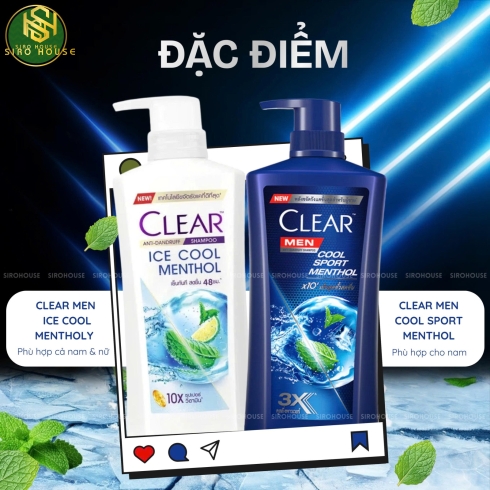 Dầu gội CLEAR Men Cool Sport Menthol 480mL & Dầu gội CLEAR Ice Cool Menthol 450mL   