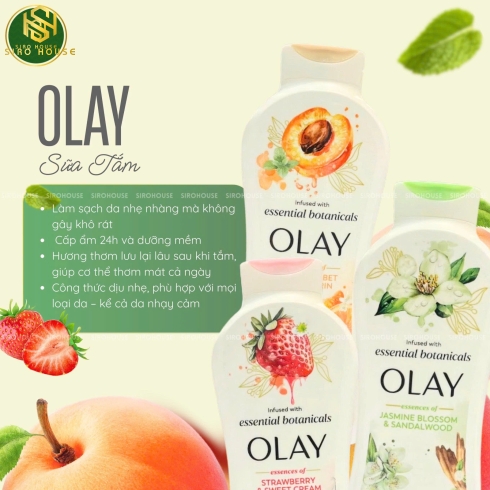 Sữa Tắm OLAY Infused With Essential Botanicals 700mL (Strawberry & Sweet Cream, Jasmine Blossom & Sandalwood, Peach Sorbet & Mandarin)