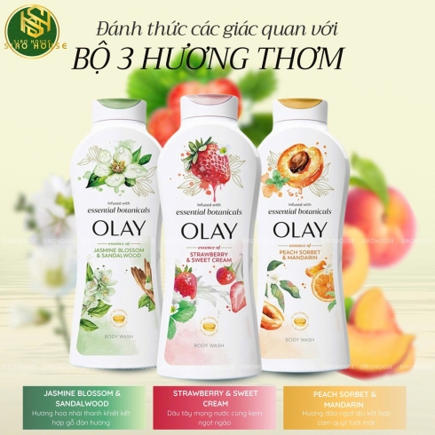 Sữa Tắm OLAY Infused With Essential Botanicals 700mL (Strawberry & Sweet Cream, Jasmine Blossom & Sandalwood, Peach Sorbet & Mandarin)