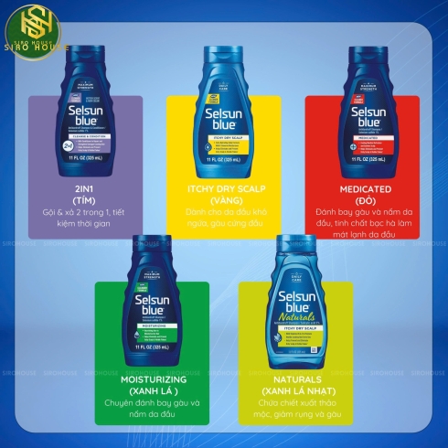 Dầu Gội Trị Gàu SELSUN BLUE 325mL (Cleanse & Conditions 2-in-1, Medicated, Itchy Dry Scalp, Moisturizing with Aloe, Naturals Itchy Dry Scalp)