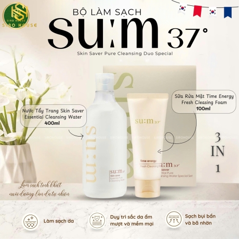 Set sữa rửa mặt SU:M Skin Saver Essential Pure Cleansing Water 400mL + Nước tẩy trang 100mL